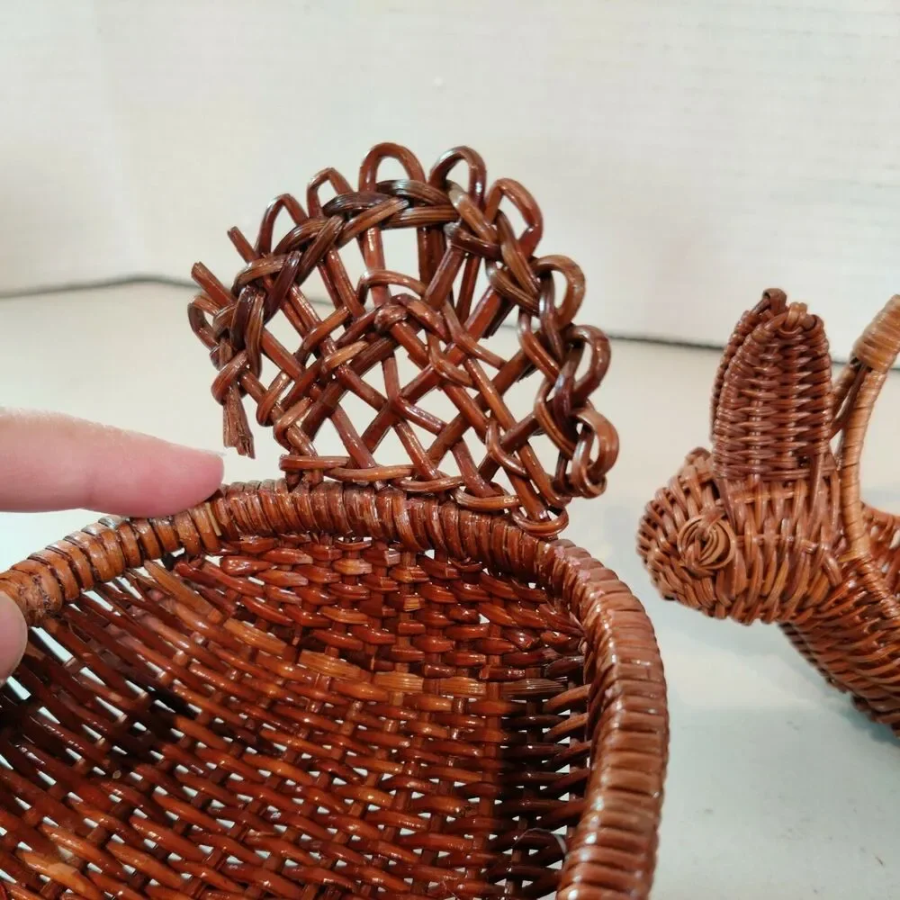 (2) VTG Rattan Wicker Woven Duck Turkey Goose Basket Wooden Beak & Small Rabbit